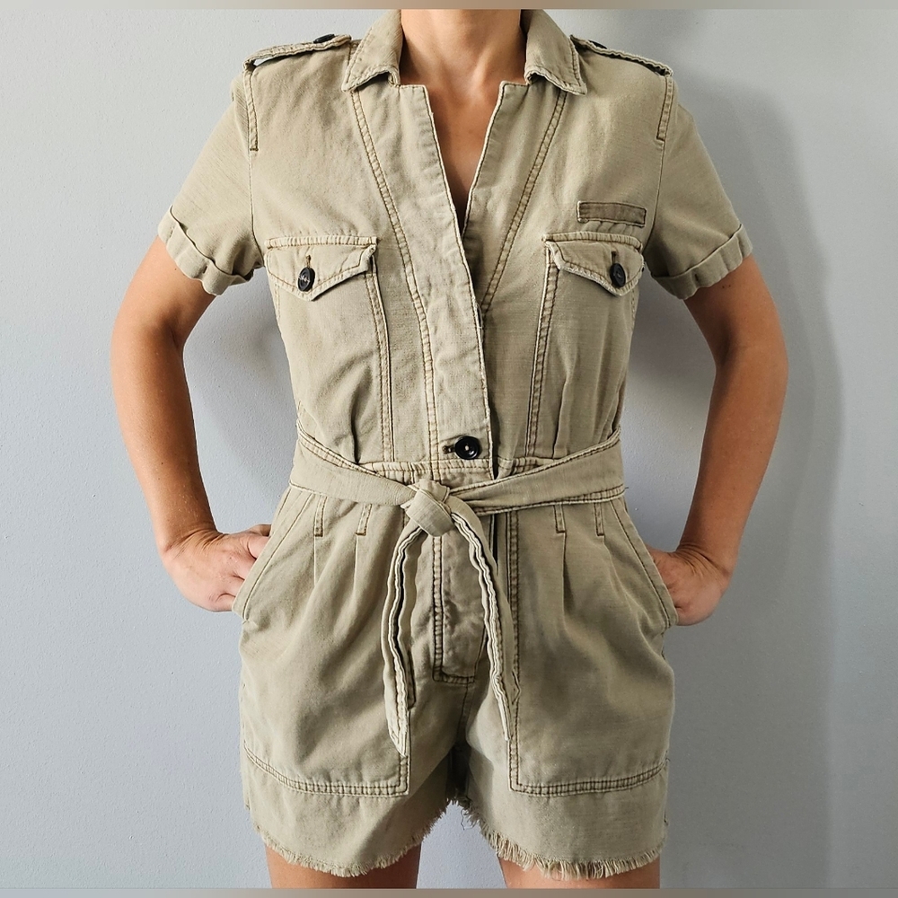 Free People Womens Denim Romper Jumpsuit Safari Tan/Army Green Sz XS